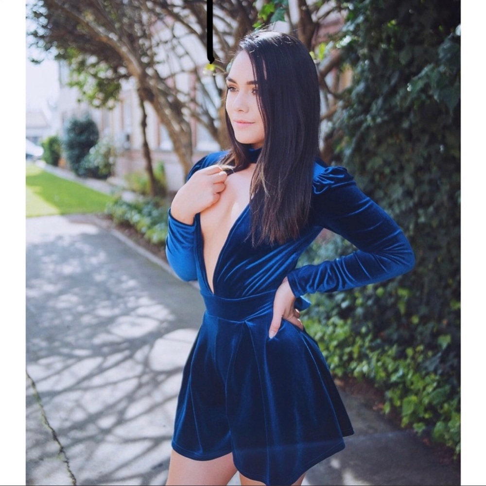 Windsor blue velvet romper deep V